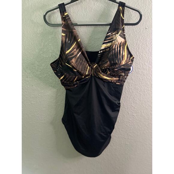 Swimsuit For All 1PC Swim Dress Plus 16 Black Gold Leaf Twisted Bathing Suit NWT - Picture 1 of 13